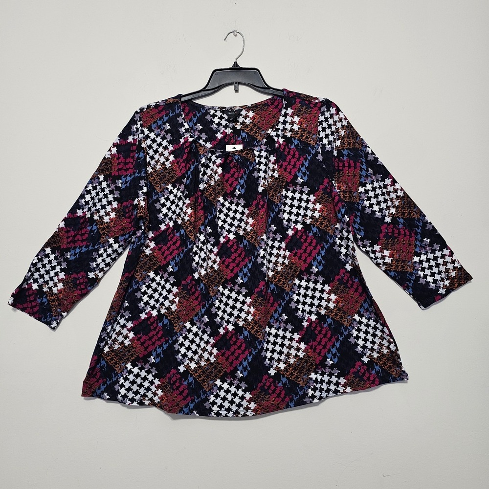 Intro Women Top Blouse‎ XL/16 Black Multicolor 3/4 Sleeve Pleated Neck New 1094
